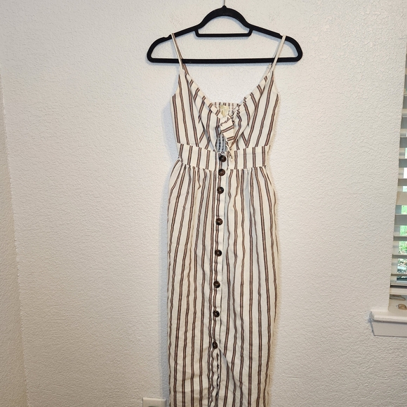 Japna S Cream W/Red Striped Cutout & Tie Front Maxi Dress Summer Dress - Picture 2 of 13